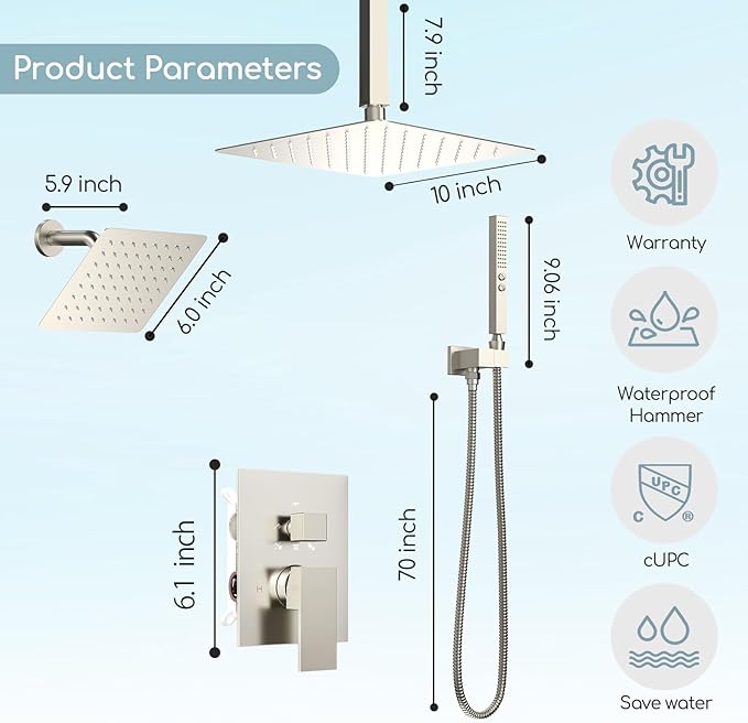 Shower Faucet Set Brushed Nickel Shower System,Bostingner Five Function Diverter Shower Faucet with 2 in 1 Handheld,10'' Ceiling Mount and 6’‘ Wall Mount Shower Head Rainfall Shower Set with Valve