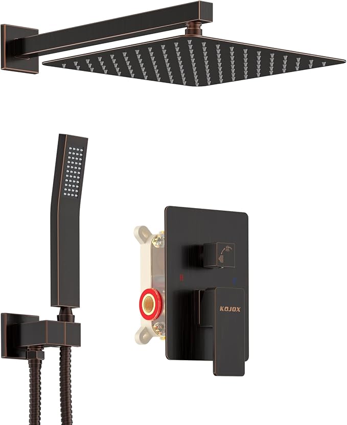 KOJOX Oil Rubbed Bronze Shower System with High Pressure 10 Inch Rainfall Shower Head, Handheld Shower head and Shower Faucet Trim valve, Bathroom Luxury Rain Mixer Shower Set Wall Mounted