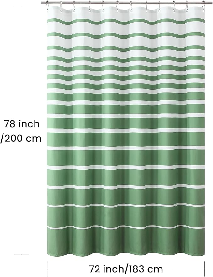 Green Shower Curtain 78 Inches Long, Sage Green and White Stripe Waterproof Polyester Shower Curtains for Bathroom, 72x78 Inches