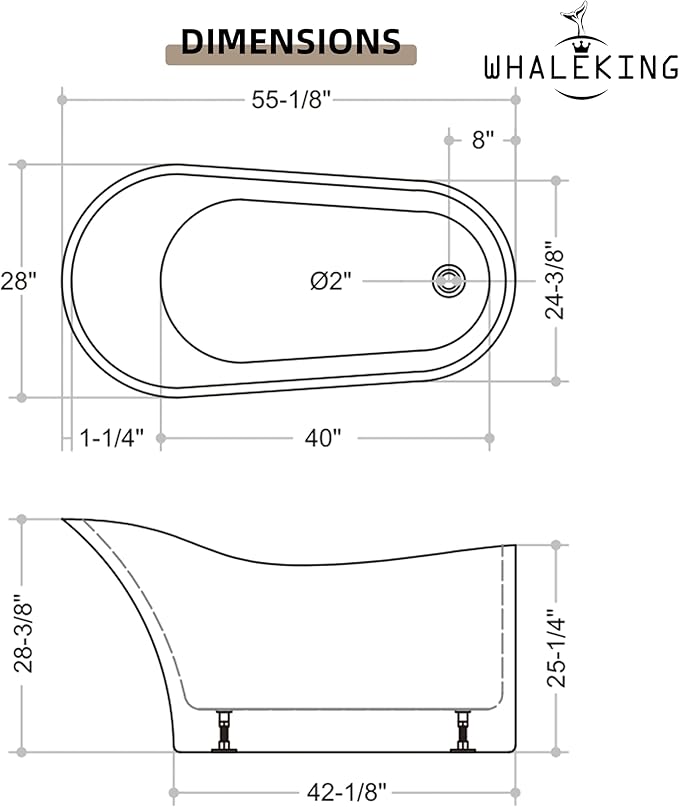 55" Freestanding Slipper Soaking Bathtub, WHALEKING Luxury Curve Edge Stand Alone Free Standing Deep Acrylic Tub with Chrome Overflow and Drain, Glossy White