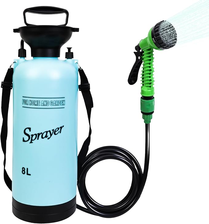 2.1 Gallon Portable Shower for Camping with 7 Spray Modes, Camping Shower for Beach Shower, Car Shower, Hand Press with Removable Hose and Shower Head (Blue)
