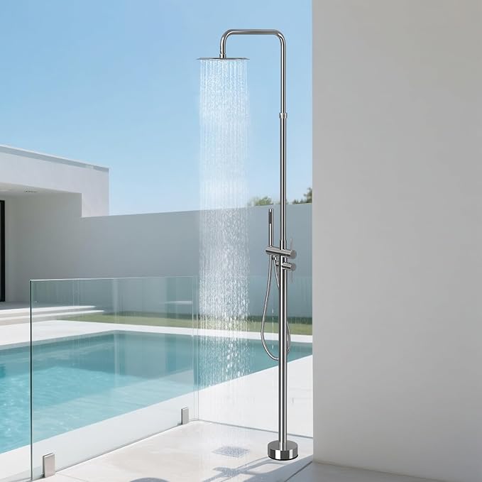 RBROHANT Freestanding Outdoor Shower Chrome, Height Adjustable Outside Showers for Backyard Garden Pool Beach, Outdoor Shower Fixtures with 10” Rain Shower Head and Handheld, Polished Chrome, JK0451