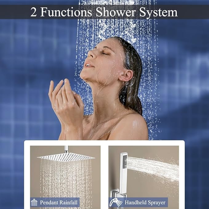 16 Inch Polished Chrome Ceiling Mount Shower System Bathroom Luxury Rain Mixer Shower Combo Set Ceiling Rainfall Shower Head System Faucet Contain Rough-in Valve and Trim Included