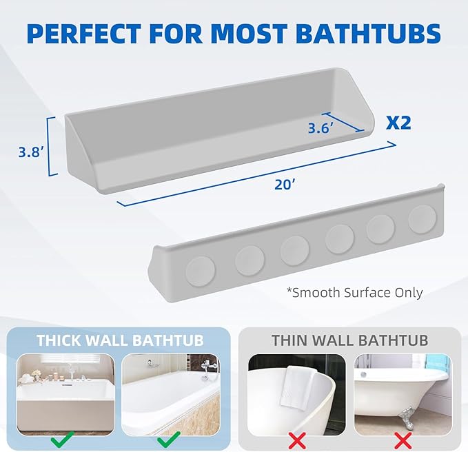 Splash Guard for Bathtub, 3.8" x 3.6" Silicone Bath Tub Splash Guard with 6 Suction Cups, Bathtub SplashGuard Play Shelf Area for Kids with 3°Drainage Slope for Faster Drying - 2 Packs Grey