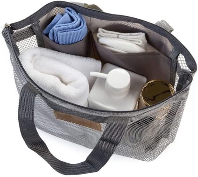 Mesh Shower Caddy Portable Hanging Quick Dry Bath Tote Organizer for Beach Swimming Grey Portable Bathtub Bag, Hanging Bathtub Storage Bag, Bathroom Storage Basket, Bath Organizer, Mesh
