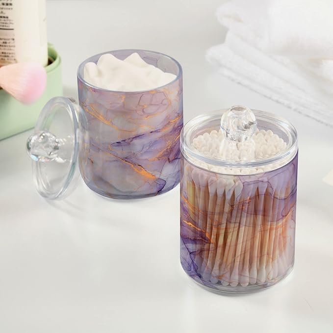 2 Pack Qtip Holder Organizer Dispenser Purple Transparent Waves Marble Bathroom Storage Canister Cotton Ball Holder Bathroom Containers for Cotton Swabs/Pads/Floss