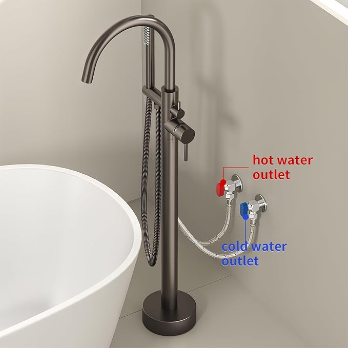 Freestanding Bathtub FaucetFloor Mount Bathtub Filler Shower Mixer Faucet with Handheld Shower Sprayer Swivel, Side Inlet，Grey