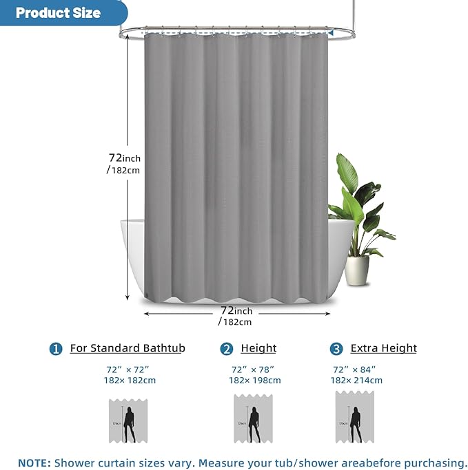 2-in-1 Waterproof Fabric Shower Curtain - No Separate Liner Needed, Hotel-Style Waffle Weave, Effortless Cleaning & Washable Bathroom Shower Curtain Set,72Wx72H,Grey