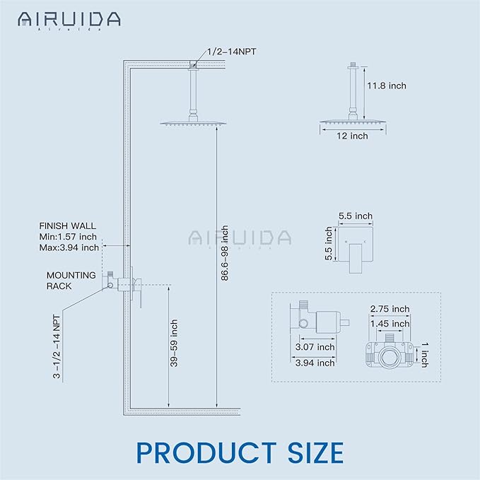 Airuida Shower Faucet Set and Handle Set Single Function Shower Trim Kit Ceiling Mount Rainfall Shower System with Male Threads and Rough-in Valve 12 Inch Square Shower Head Matte Black