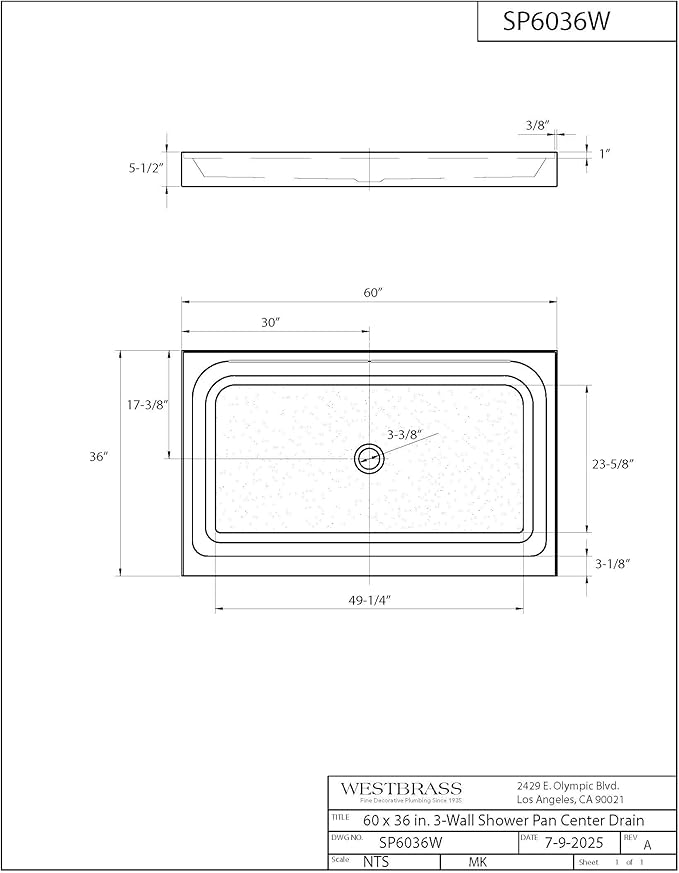 Westbrass SP6036WP-50 60" x 36" 3-Wall Shower Pan with Plastic Center Drain and 4-1/4" Cross Grid Brass Drain Cover, Powder Coat White