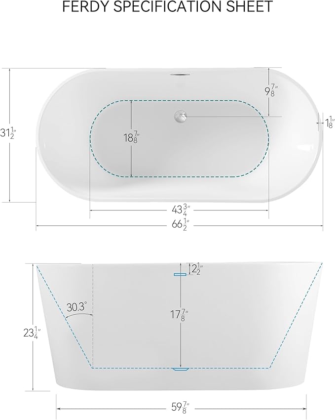 FerdY Shangri-La 67" Acrylic Freestanding Bathtub, Ergonomic Lightweight Classic Oval Soaking Bathtub with Toe-Tap Chrome Drain, Classic Slotted Overflow, Glossy White