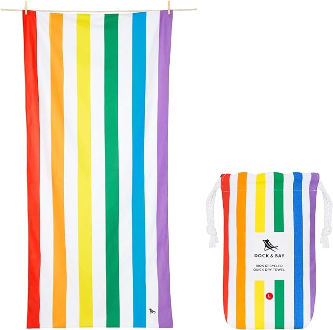 Dock & Bay Beach Towel - Quick Dry, Sand Free - Compact, Lightweight - 100% Recycled - Includes Bag - Summer - Rainbow Skies - Large (160x90cm, 63x35)