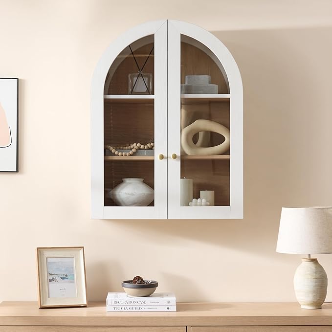 Bathroom Arched Wall Cabinet, 23.5'' Wide Medicine Cabinet, Bathroom Cabinet Wall Mount with Glass Doors & Adjustable Shelves, Over The Toilet Storage Cabinet for Laundry Room, Bedroom,Kitchen, White