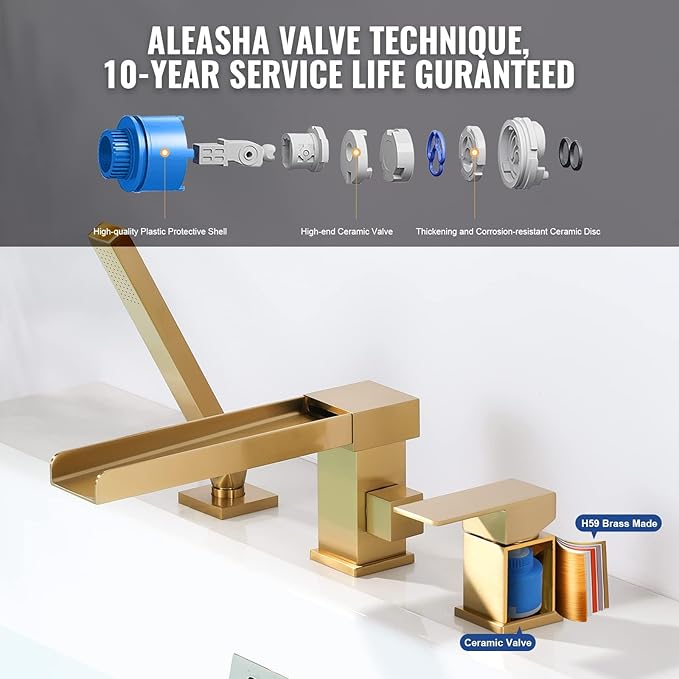 Waterfall Roman Tub Filler Faucet, Deck Mount Bathtub Filler with 360° Swivel Spout, 3 Holes Bathroom Tub Faucet with Sprayer, Brushed Gold