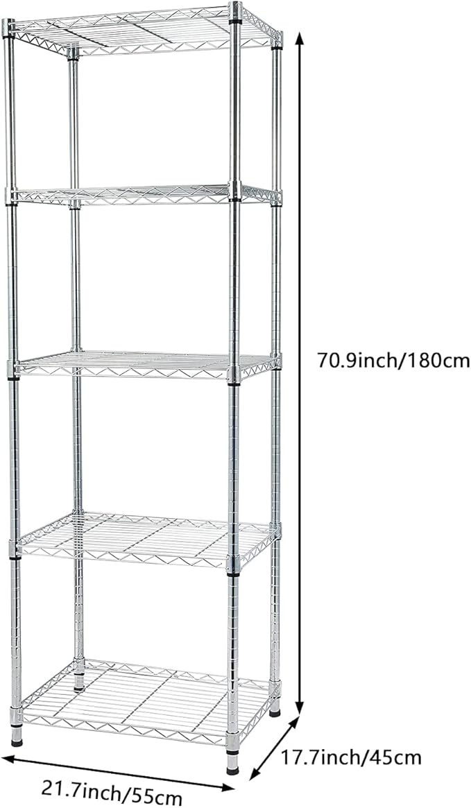 5 Tier Storage Racks Shelving, Heavy Steel Pantry Shelves, Adjustable Wire Shelving Rack, Suitable for Garage, Kitchens, Bathroom, Offices, 21.7" W x 17.7" D x 71" H, Chrome