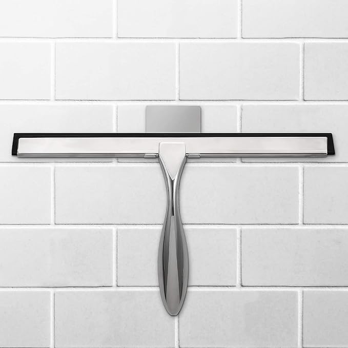Simtive 12-Inch Shower Squeegee Set, Includes Shower Door Hook and Adhesive Hook, Squeegee for Shower Doors, Mirror and Window, Silver