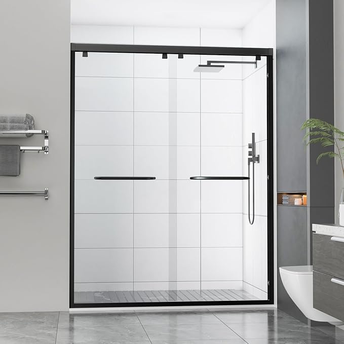 56-60" Wx76 H Semi Frameless Double Sliding Shower Door, 5/16" Tempered Glass&Shatter Proof Film Doubling Safety, Easy Clean Coating&Stainless Steel Hardware, Z-Shaped Water Protection Matte