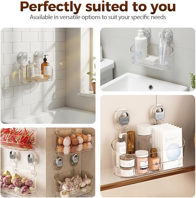 No-Drill Bathroom Suction Storage Box, Corrugated Suction Cup Storage Holder, Removable Hanging Basket, No Drilling Shelves Caddy, Ripple Acrylic Wall Shelf (Grey)