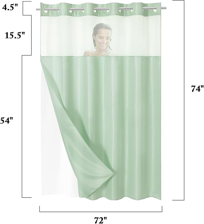 Gibelle No Hook Waffle Weave Shower Curtain with Snap-in Fabric Liner Set for Bathroom, Hotel Style with Mesh Top Window, Waterproof & Washable, Mint Green, 72x74