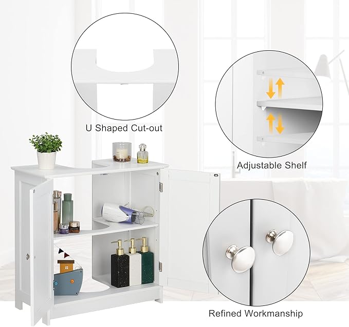 Bonnlo Pedestal Sink Storage Cabinet with 2 Doors Traditional Under Sink Cabinet Bathroom Space Saver Organizer with Adjustable Shelf White 23 5/8" W x 11 7/16" D x 23 5/8" H