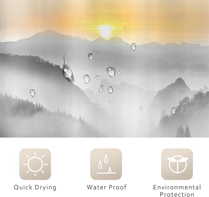 Riyidecor Misty Mountain Shower Curtain 72Wx72H Inch Black Sunrise Foggy Woodland Greenery Smokey Scenery Tree Nature Pine Scenic Rustic Bathroom Decor Fabric Polyester Waterproof 12 Pack Hooks