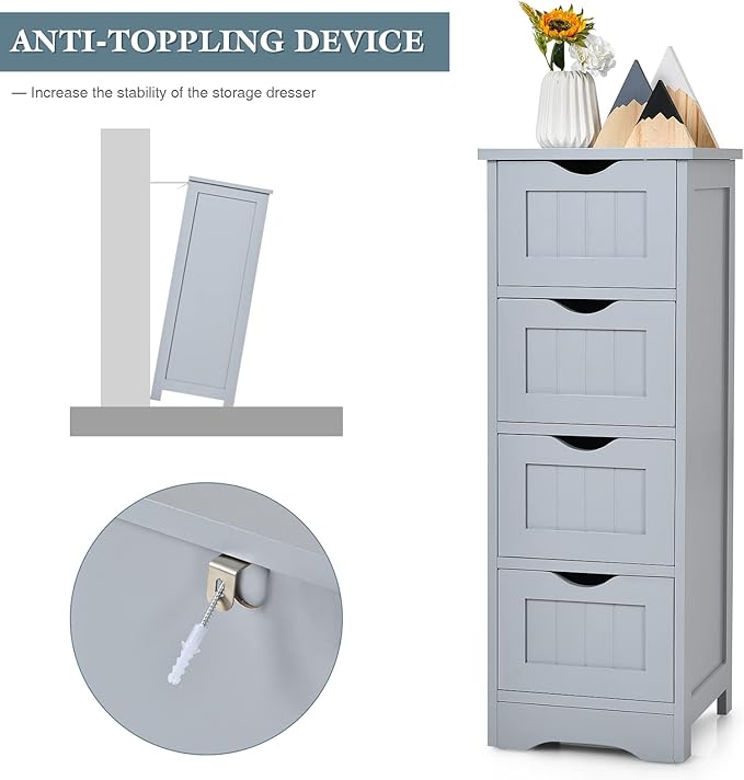Tangkula Bathroom Floor Cabinet with 4 Drawers, Wooden Storage Cabinet w/Anti-Tipping Device, Freestanding Side Cabinet for Bathroom Home Office, 12 x 12 x 32.5 Inch (Grey, 4 Drawers)