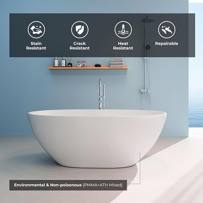 Upgraded 61" Solid Surface Freestanding Bathtub, Oval Stone Resin Tub with Overflow and Pop-up Drain, Matte White