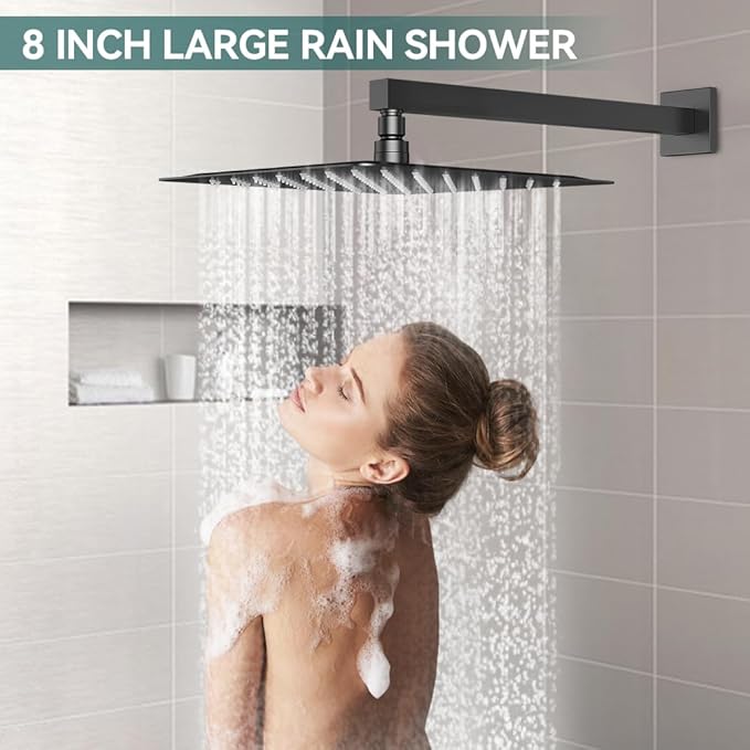 Shower Faucet Set Matte Black Shower System, Starbath 8" Rain Shower Head and Handheld Spray Shower Set Complete Wall Mounted,2 Way Pressure Balance Shower Valve and Trim Kit Included