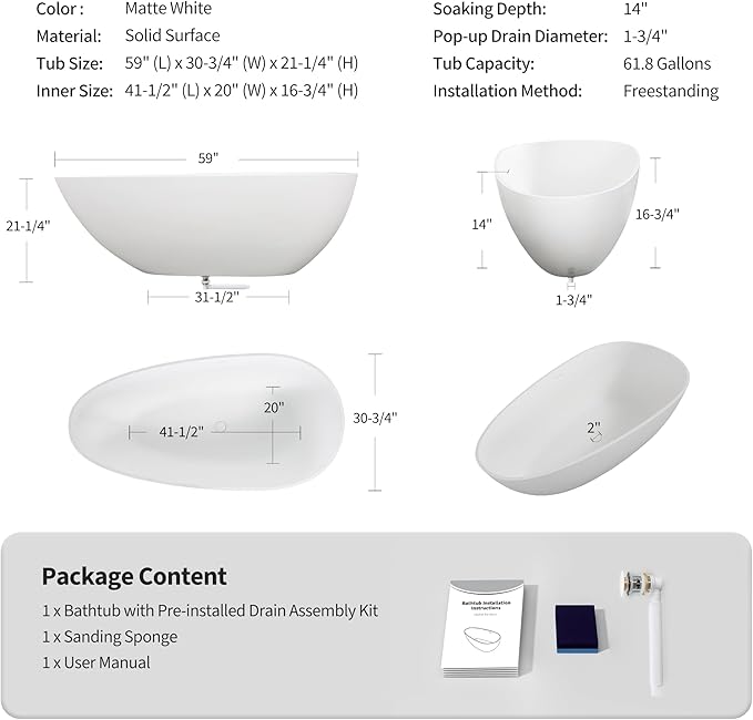 Abruzzo 59" Small Freestanding Bathtub Solid Surface - Egg Shape Stone Resin Soaking Tub with Overflow Drain, cUPC Certified Matte White, Compact Oval Tub for Limited Space Bathrooms