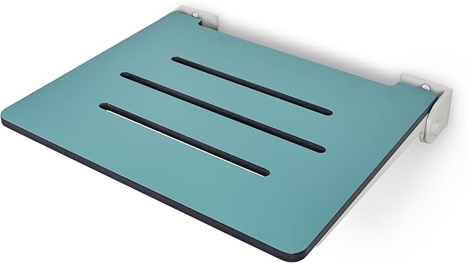 18 inch Silhouette Slimline Folding Wall Mount Shower Bench Seat, Teal Seat with White Frame
