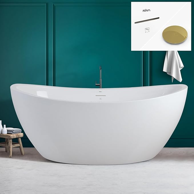 FerdY Naha 67" Freestanding Bathtub, Curve Edge Soaking Bathtub with Polished Gold Drain and Minimalist Linear Design Overflow, Easy to Install 588