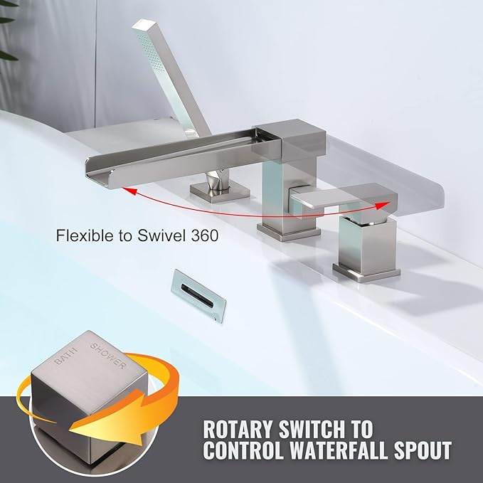 Waterfall Roman Tub Filler Faucet, Deck Mount Bathtub Filler with 360° Swivel Spout, 3 Holes Bathroom Tub Faucet with Sprayer, Brushed Nickel