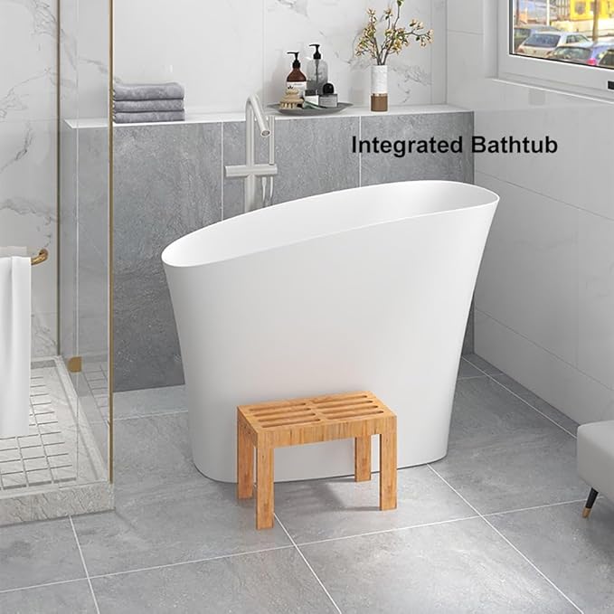 Japanese Soaking Bathtub 47'' Oblique Freestanding Tub Stone Resin Deep Soaking Bathtub in Matte White