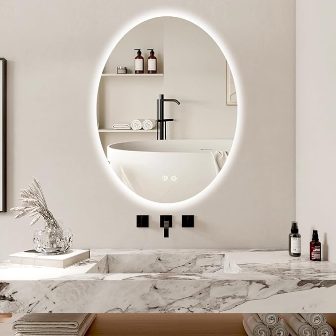32 X 24 Inch Oval Backlit LED Bathroom Mirror Anti-Fog 3 Colors Light Dimmable Wall Mounted Lighted Bathroom Vanity Mirror Smart Makeup Mirror with Touch Switch