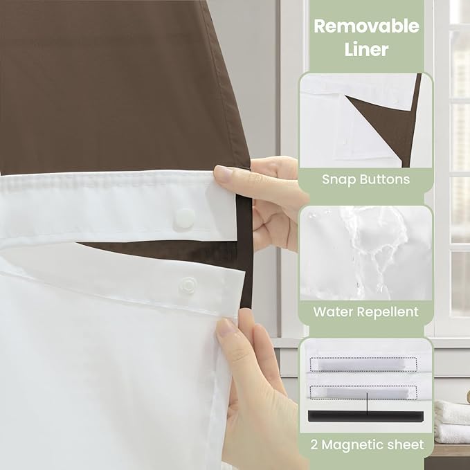Inhousolu No Hook Shower Curtain with Snap in Fabric Liner Set Waffle Weave 230GSM Weighted Hem, Waterproof & Washable Bathroom Curtain Spa Luxury with Mesh Top Window 72" W x 72" L Brown