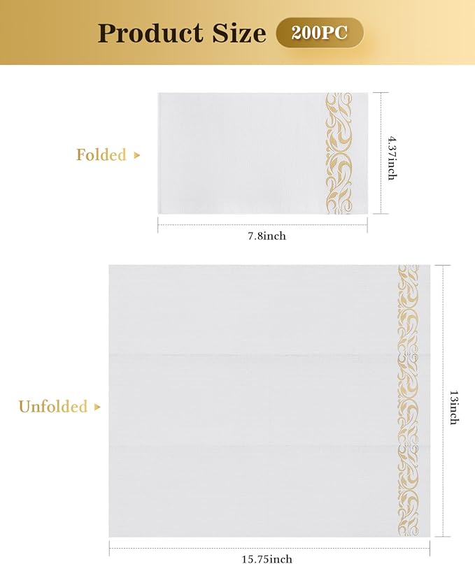 Goodluck 200 Pack 3-Ply Disposable Napkins - Soft & Absorbent Paper Hand Towels for Bathroom Guests, Dinner Party, Kitchen,Christmas， Wedding & Events, Parties - Floral Gold Trim