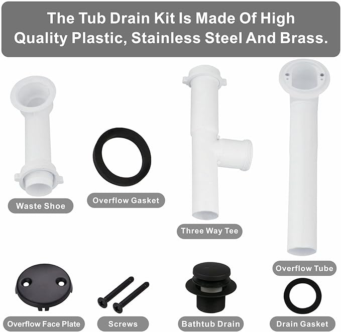 1-1/2" Bathtub Drain Kit Wellup Tubular Tip Toe Bath Waste Drain Kit, Touch-Toe Black Tub Drain Replacement Kit with Tip Toe Drain Stopper, PVC Plastic Pipe Tub Overflow Drain Cover, Matte Black