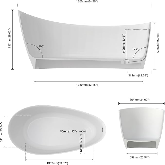 Premium Unique 65" Solid Surface Freestanding Tub, Upgraded Matte White Stone Resin Bathtub with Overflow and Pop-up Drain