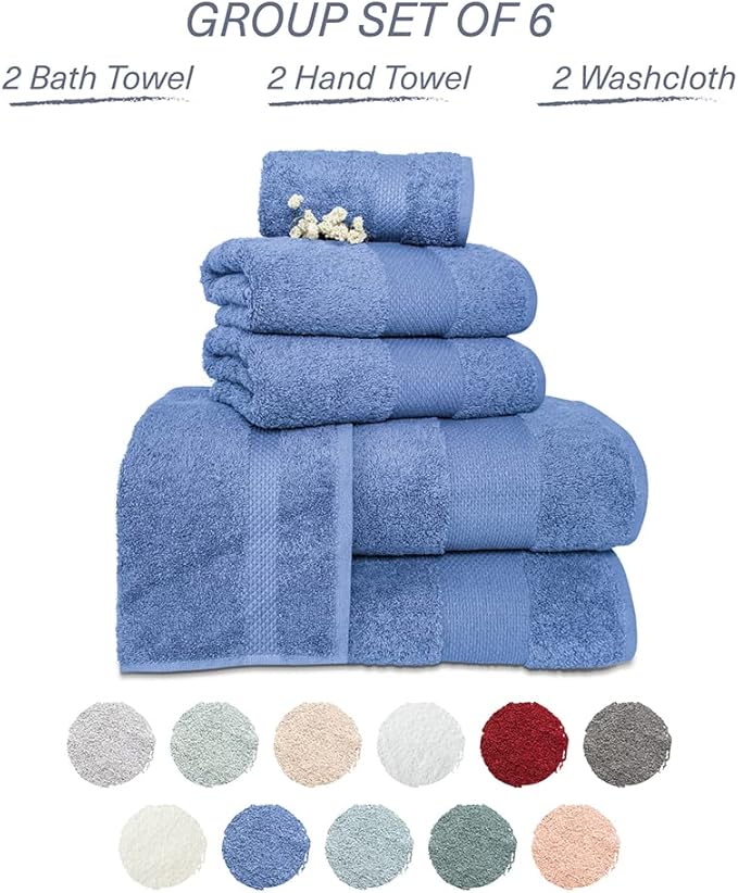 Hencely 6-Piece Bath Towel Set - High Absorbency, Quick Drying - 100% Soft Turkish Cotton - 2 Bath Towels, 2 Hand Towels, 2 Washcloths - for Bathroom, Home, Hotel, Spa, and Gym - 6-Pack Blue
