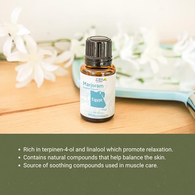Marjoram Essential Oil - Direct from Al Sheikh for Export Egypt - Steam Distilled - Aceite de Mejorana for Aromatherapy, Massage, Diffuser, DIY Candle and Soap Making - 15ml