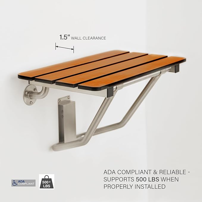Seachrome 32-inch x 15-inch in ADA Folding Wall Mount Bathroom Shower Seat Bench, Teak Phenolic Seat