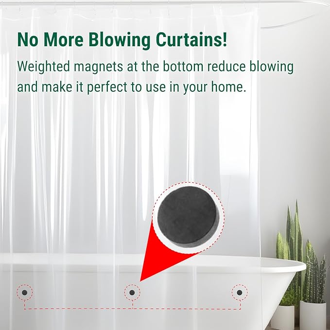 Bowery Home NOT Made in China Eco-Friendly Recycled PEVA Shower Curtain Liner – Waterproof, Sustainable, Non-Toxic Shower Curtain Liner, with Rust-Proof Grommets, 72x72IN, 8G – Clear