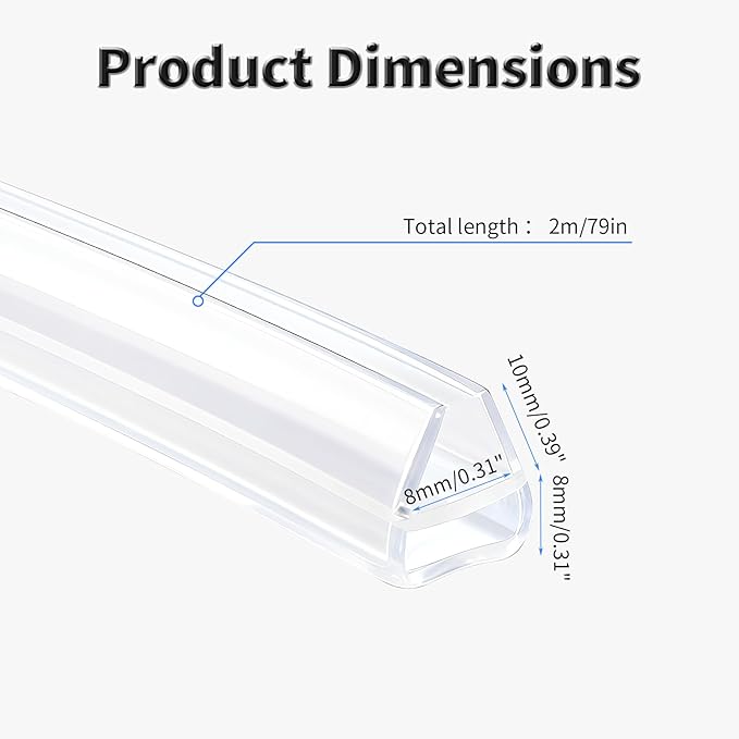 Shower Door Side Seal Strip,79 Inch U-Type Frameless Shower Door Seal, U-Type Shower Door Sweep for 5/16"(8mm) Thick Glass