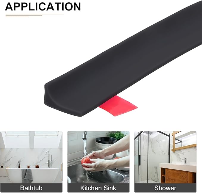 59"x0.8"x0.5" (LxWxH) Collapsible Shower Barrier Stopper - 1 Pack - Good for Bathroom Kitchen - L Shape Water Splash Guard Blocker - Black