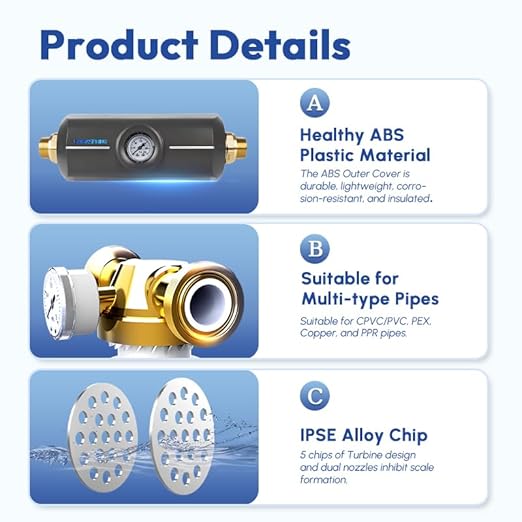 Upgraded Salt Free Water Descaler with Pressure Gauge丨22GPM Whole House Water Softener System丨1-Inch NPT Water Heater Descaler丨Prevent Scale Built Up On Water Heaters丨10-Year Durability