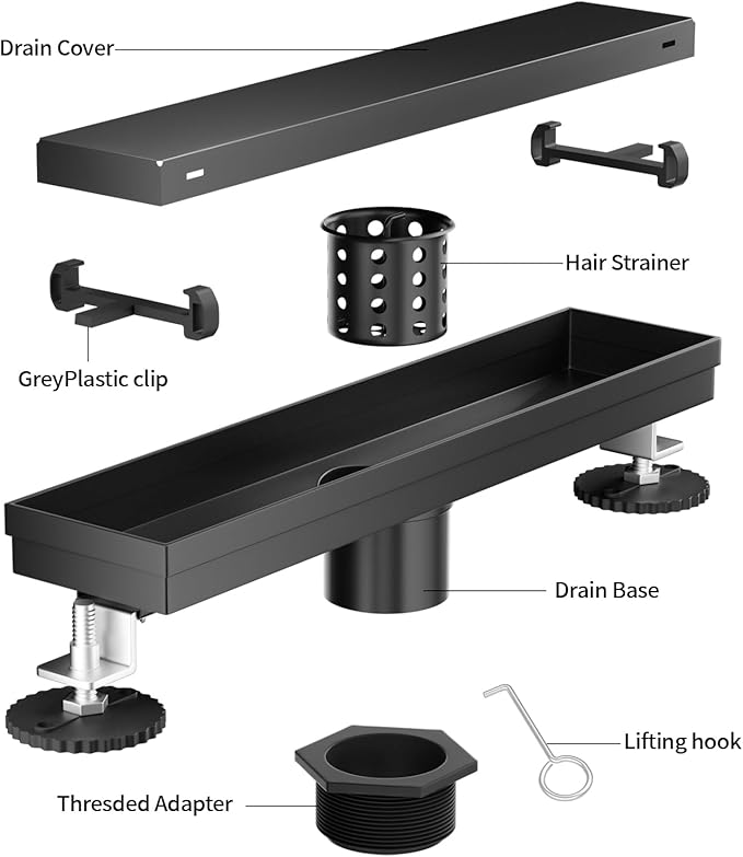 Linear Shower Drain, 304 Stainless Steel with Adjustable Leveling Feet, Hair Strainer,Reversely Install Place to Create an Invisible Floor Drain - Black -16-Inch