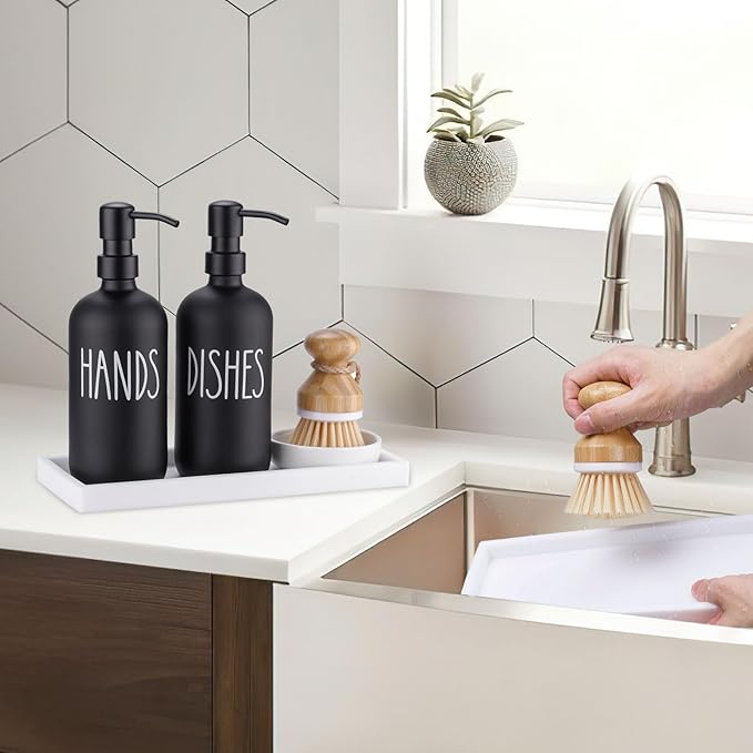 Glass Soap Dispenser for Kitchen,Farmhouse Dish &Hand Soap Dispenser Set, Rustproof Pump with Tray and Dish Brush,Kitchen Decor（Black）