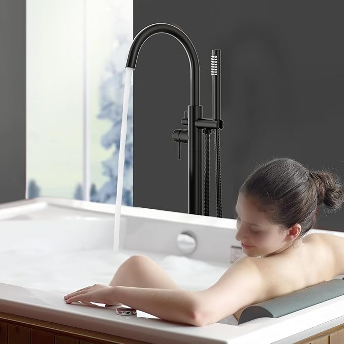 Freestanding Bathtub FaucetFloor Mount Bathtub Filler Shower Mixer Faucet with Handheld Shower Sprayer Swivel, Side Inlet，Matte Black