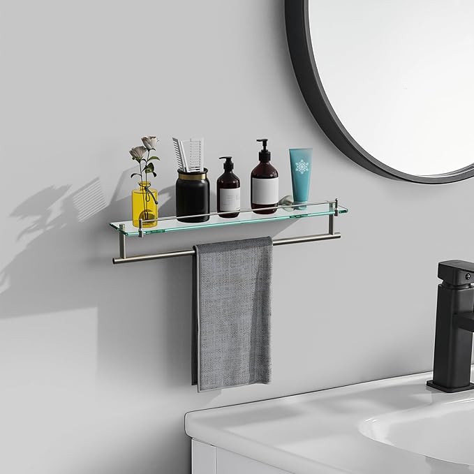 24-Inch Tempered Glass Bathroom Shelf with Towel Bar - Brushed Nickel Towel Holder Modern SUS304 Stainless Steel, Wall Mount Towel Hanger