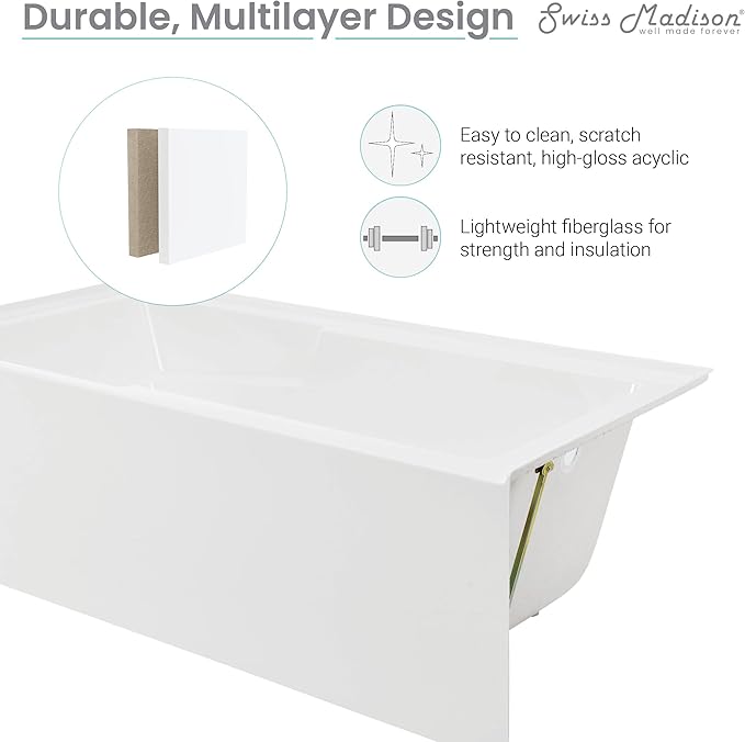 Swiss Madison Well Made Forever Voltaire 72" x 36" Right-Hand Drain Alcove Bathtub with Apron